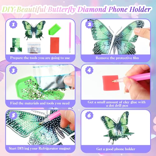 Kenning 8 Pcs Butterfly Diamond Painting Cell Phone Stand DIY 5D Full Crystal Acrylic Spring Diamond Art Phone Holders Kits for Beginner Adult DIY Craft Butterfly Lover Gift - Image 5