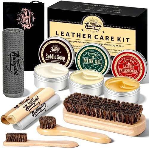 Awaydol 10 PCS Leather Care Kit Horsehair BrushesSaddle SoapWaterproofing WaxMink Oil ConditionerPolishing ClothMicrofiber clothBoot Shoe Shine Cleaning Kit Gift for Men Cowboy Husband Dad - Image 1