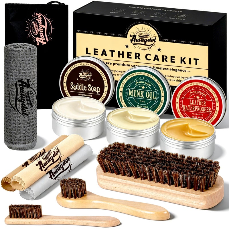 Awaydol 10 PCS Leather Care Kit Horsehair BrushesSaddle SoapWaterproofing WaxMink Oil ConditionerPolishing ClothMicrofiber clothBoot Shoe Shine Cleaning Kit Gift for Men Cowboy Husband Dad - Image 2