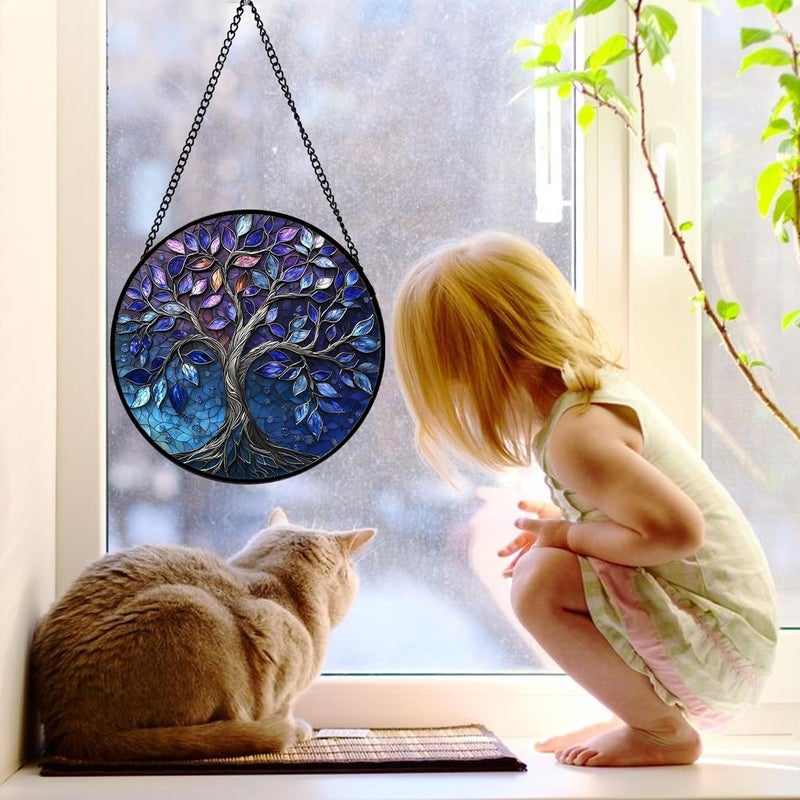 DASTOLL Stained Glass Window Hanging, Blue Purple Tree of Life Sun Catchers Colorful Glass Panel Plants Suncatcher Decor for Birthday for Women,Men,Wife, Lovers, and Mom 9.8 in - Image 2