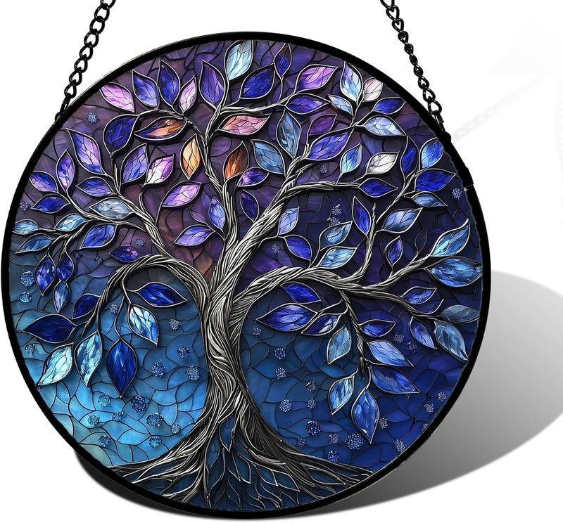 DASTOLL Stained Glass Window Hanging, Blue Purple Tree of Life Sun Catchers Colorful Glass Panel Plants Suncatcher Decor for Birthday for Women,Men,Wife, Lovers, and Mom 9.8 in - Image 1