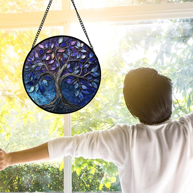 DASTOLL Stained Glass Window Hanging, Blue Purple Tree of Life Sun Catchers Colorful Glass Panel Plants Suncatcher Decor for Birthday for Women,Men,Wife, Lovers, and Mom 9.8 in - Image 3