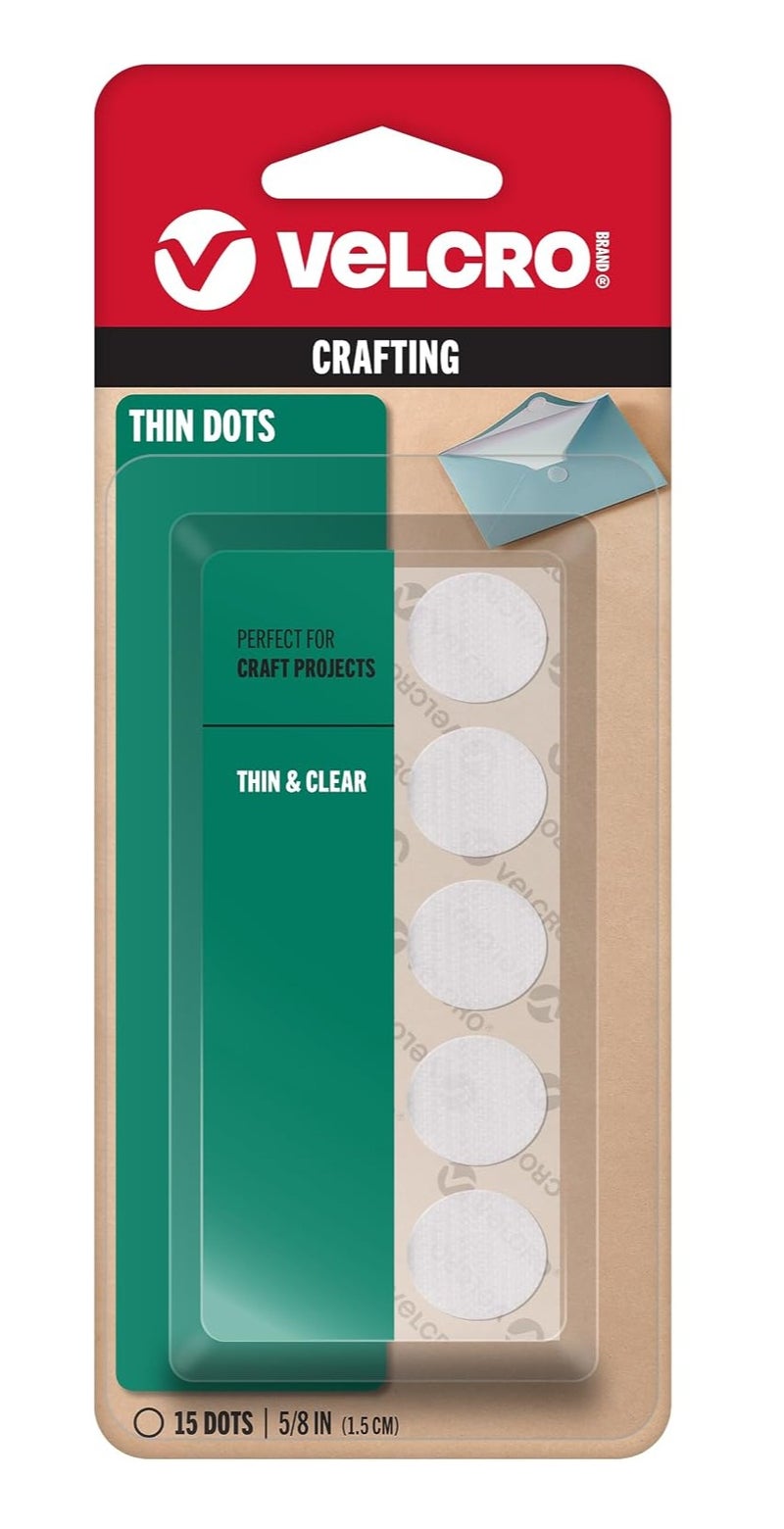 Velcro Crafting Thin Dots, 15 Clear Round Reusable Fasteners, 5/8 in / 1.5 cm, Thin Hook and Loop Dots for Craft Projects, Paper Crafts, Cards, Envelopes and DIY Use - Image 1