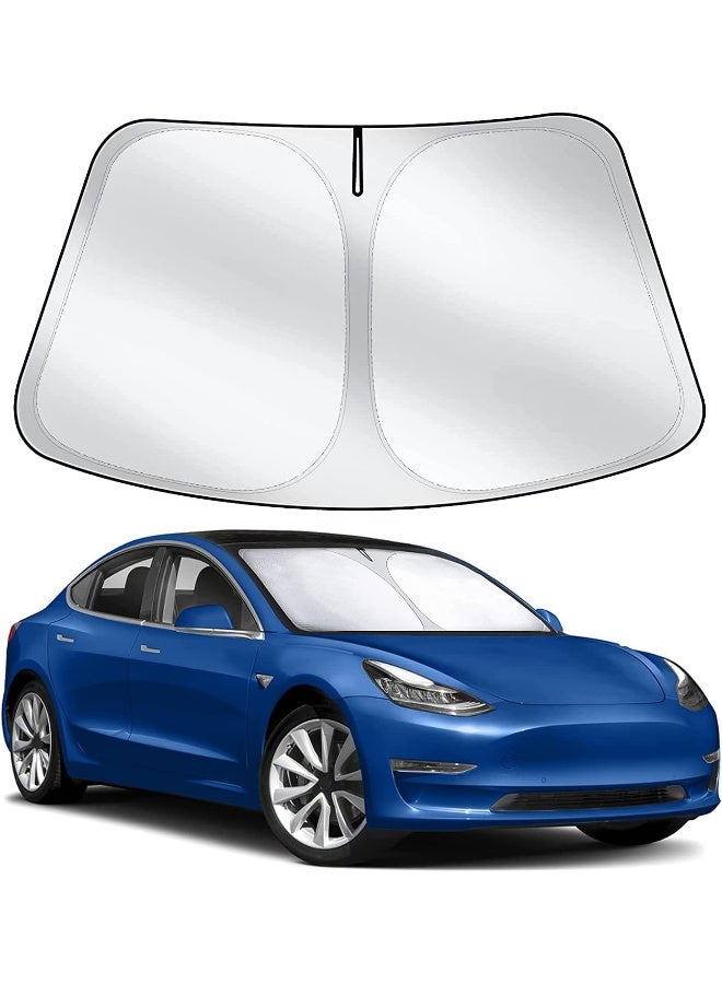 SHOWAY Tesla Model 3 Y Windshield Sunshade, Sun Shade Fit for 2016 2022 Protector Visor Cover, Black&Silver - Image 1