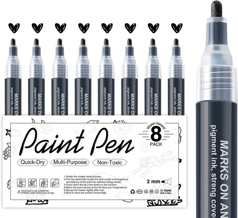 AKARUED Markers طلاء أكريليك أسود، مجموعة 8 أقلام طلاء أكريليك سوداء للرسم على الصخور، الخشب، الحجر، الزجاج، السيراميك، الورق، الرسم، المشاريع الفنية، الحرف اليدوية، حبر مائي، طرف متوسط 2-3 مم - Image 1