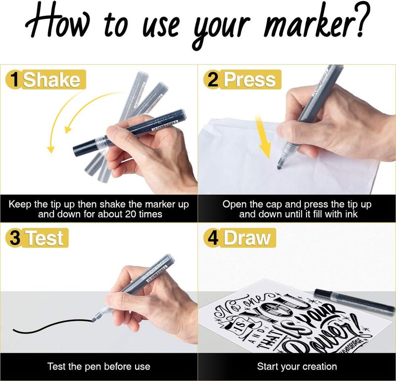 AKARUED Markers طلاء أكريليك أسود، مجموعة 8 أقلام طلاء أكريليك سوداء للرسم على الصخور، الخشب، الحجر، الزجاج، السيراميك، الورق، الرسم، المشاريع الفنية، الحرف اليدوية، حبر مائي، طرف متوسط 2-3 مم - Image 3