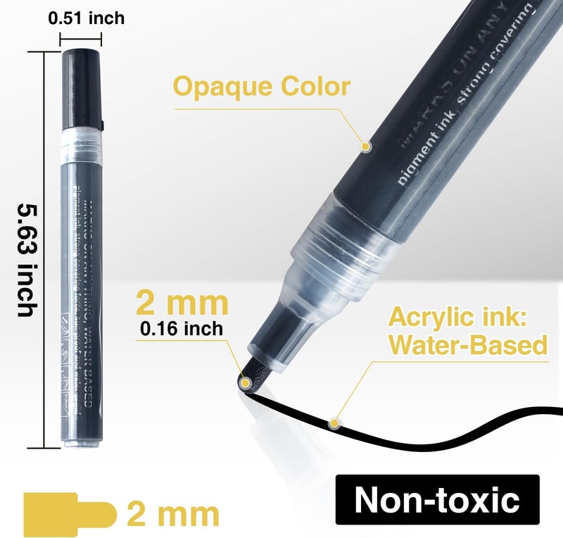 AKARUED Markers طلاء أكريليك أسود، مجموعة 8 أقلام طلاء أكريليك سوداء للرسم على الصخور، الخشب، الحجر، الزجاج، السيراميك، الورق، الرسم، المشاريع الفنية، الحرف اليدوية، حبر مائي، طرف متوسط 2-3 مم - Image 2