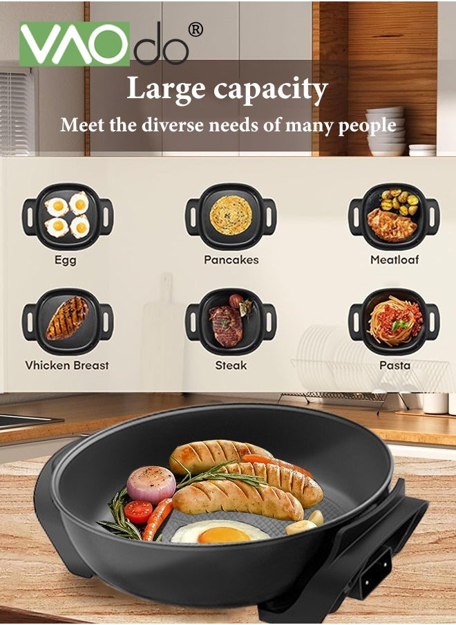 VAOdo 1500W Electric Skillet with Glass Cover Non-Stick 5-Speed Temperature Adjustment Pan with Power Failure Protection Device Extra Deep Electric Frying Pan with Wooden Spatula  - Image 2