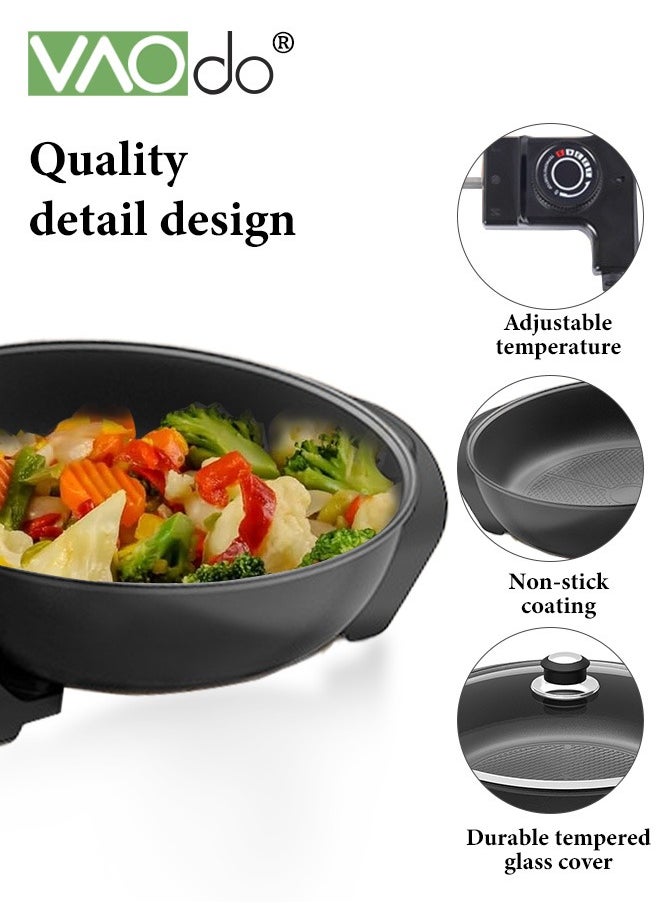 VAOdo 1500W Electric Skillet with Glass Cover Non-Stick 5-Speed Temperature Adjustment Pan with Power Failure Protection Device Extra Deep Electric Frying Pan with Wooden Spatula  - Image 3