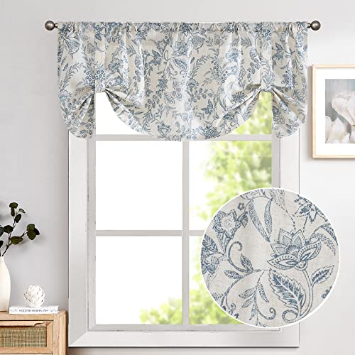 Lazzzy Kitchen Tie Up Valance Curtain Linen Floral Farmhouse Valance for Living Room Bathroom Bedroom Country Valances Window Treatments Small Cafe Curtian 20 Inch Rod Pocket 1 Panel Blue on Beige - Image 3