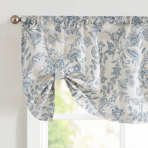Lazzzy Kitchen Tie Up Valance Curtain Linen Floral Farmhouse Valance for Living Room Bathroom Bedroom Country Valances Window Treatments Small Cafe Curtian 20 Inch Rod Pocket 1 Panel Blue on Beige - Image 1