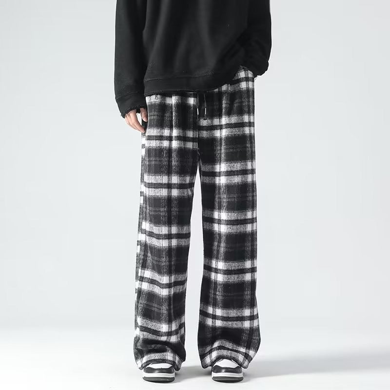 Vintage Plaid Pants For Men And Women High Waist Loose Casual Straight Dipped Scrub Small Wide Leg Pants - Image 4