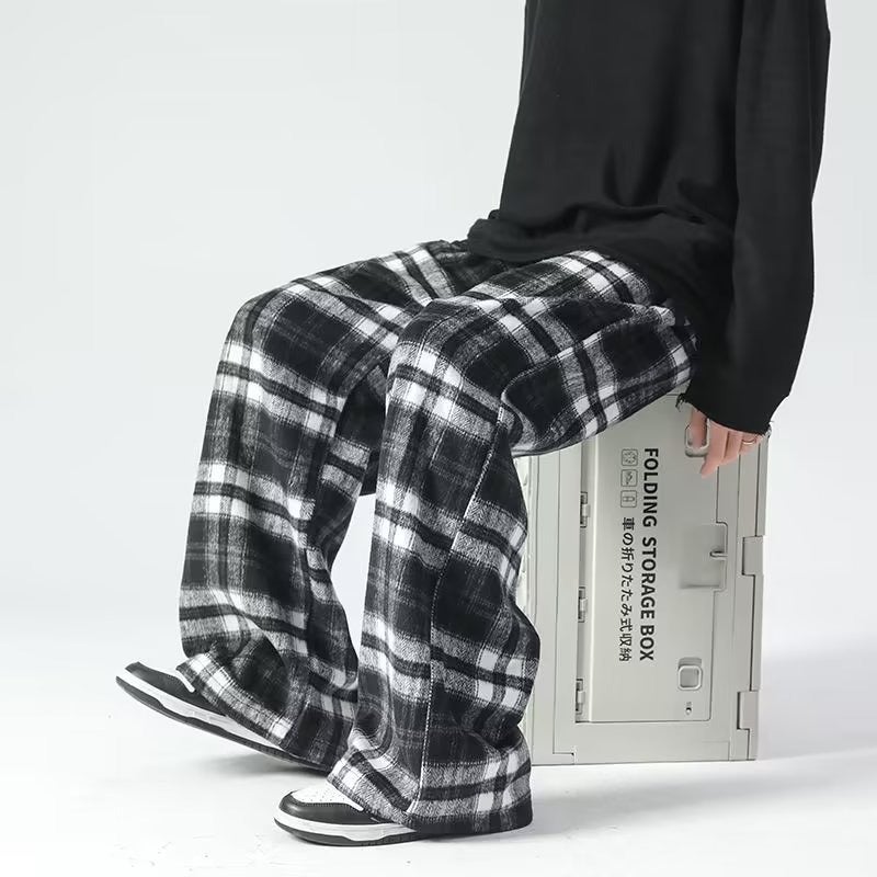 Vintage Plaid Pants For Men And Women High Waist Loose Casual Straight Dipped Scrub Small Wide Leg Pants - Image 1