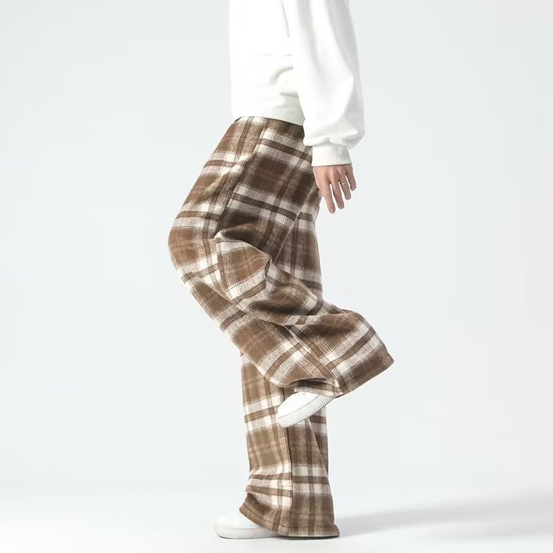 Vintage Plaid Pants For Men And Women High Waist Loose Casual Straight Dipped Scrub Small Wide Leg Pants - Image 5