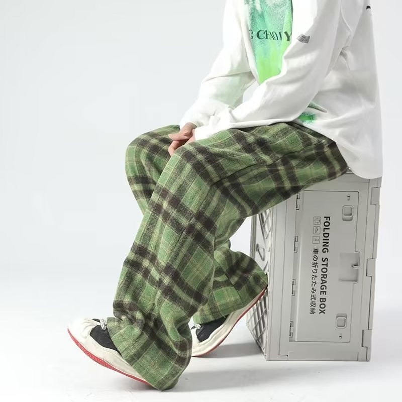 Vintage Plaid Pants For Men And Women High Waist Loose Casual Straight Dipped Scrub Small Wide Leg Pants - Image 3