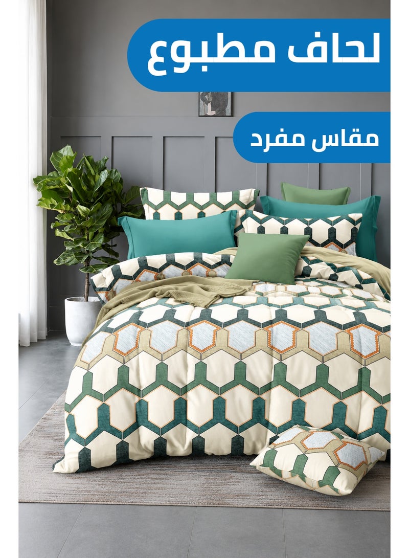 Green Beige Geometric Printed Comforter Set Single Size 160x245 cm with Flat Bedsheet & Pillow Covers - Image 1