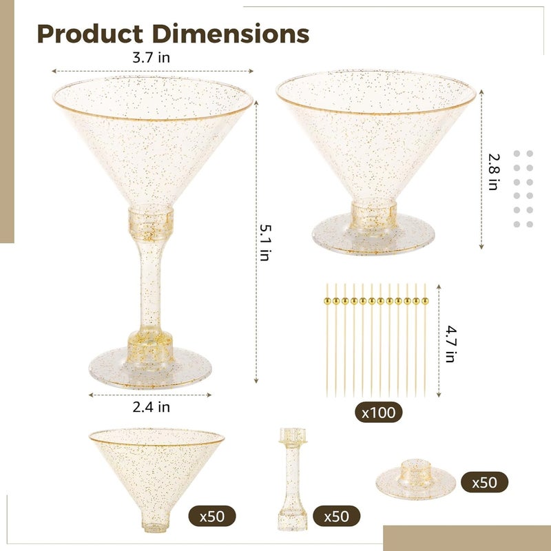 50-Piece Disposable Cocktail Glasses with Golden Picks and Glitter Finish for Wedding and Party Use - Image 4