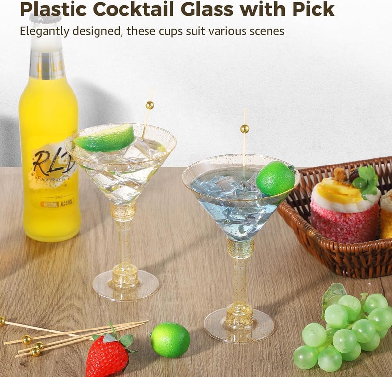 50-Piece Disposable Cocktail Glasses with Golden Picks and Glitter Finish for Wedding and Party Use - Image 2