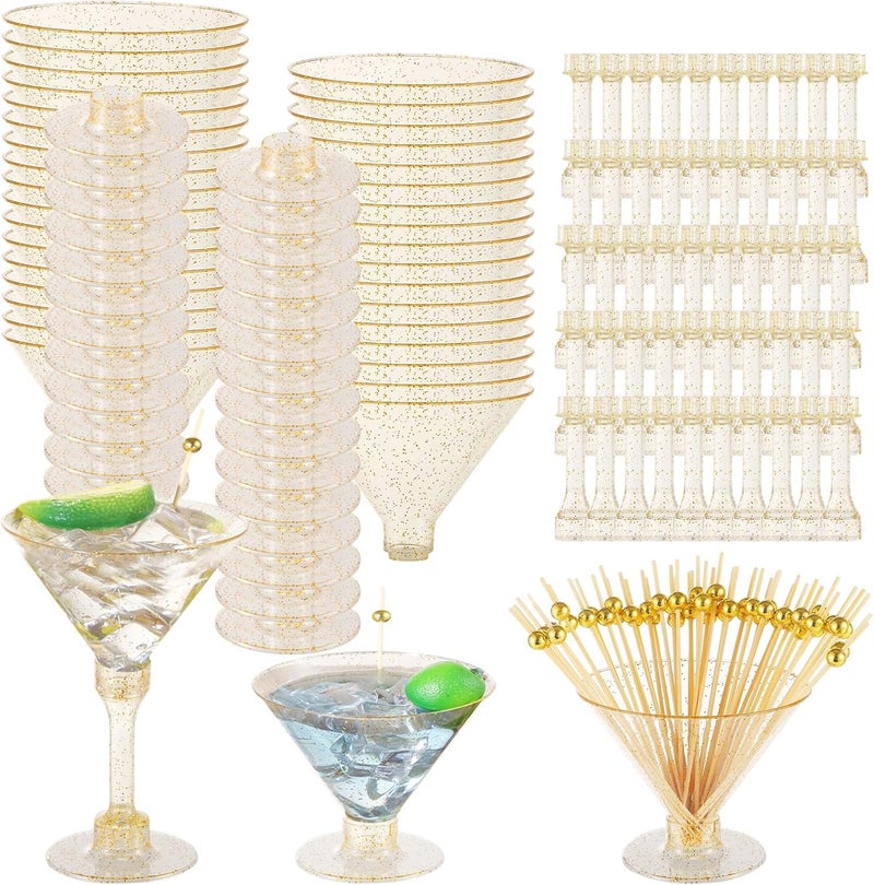 50-Piece Disposable Cocktail Glasses with Golden Picks and Glitter Finish for Wedding and Party Use - Image 1