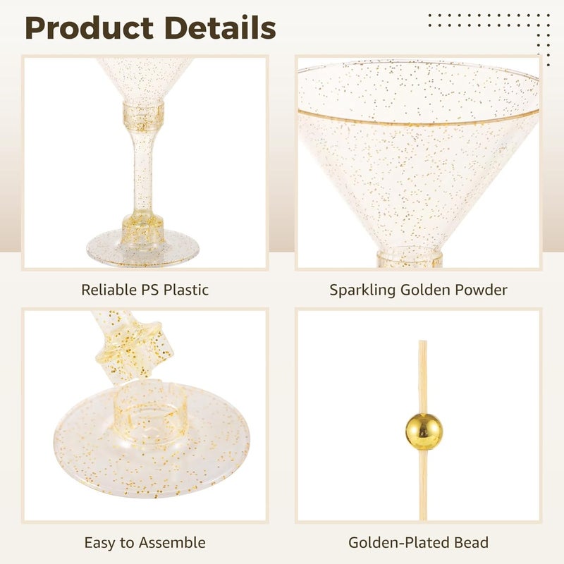 50-Piece Disposable Cocktail Glasses with Golden Picks and Glitter Finish for Wedding and Party Use - Image 3