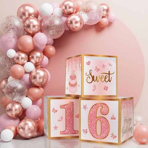 RTHPY Sweet 16 Party Decorations,16th Birthday Boxes Decor for Girls Women Sweet Sixteen Happy Birthday Banner Kits Pink Rose Gold Foil Balloons Party Supplies Rose Gold Tassel Curtain - Image 4