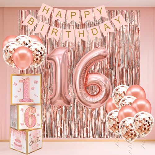RTHPY Sweet 16 Party Decorations,16th Birthday Boxes Decor for Girls Women Sweet Sixteen Happy Birthday Banner Kits Pink Rose Gold Foil Balloons Party Supplies Rose Gold Tassel Curtain - Image 1