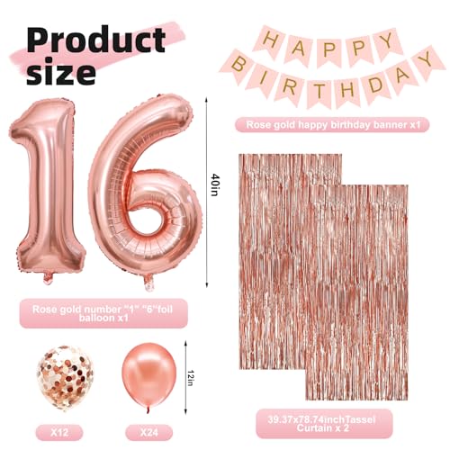 RTHPY Sweet 16 Party Decorations,16th Birthday Boxes Decor for Girls Women Sweet Sixteen Happy Birthday Banner Kits Pink Rose Gold Foil Balloons Party Supplies Rose Gold Tassel Curtain - Image 2