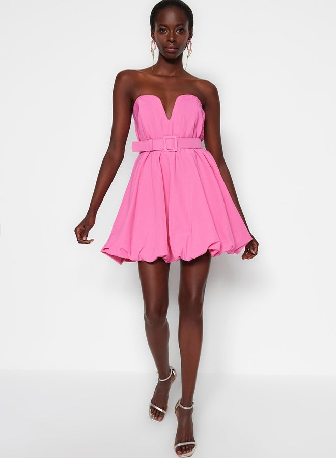 trendyol Pink A-Cut Balloon Skirt Belt Detailed Woven Poplin Short Elegant Evening Dress  - Image 1