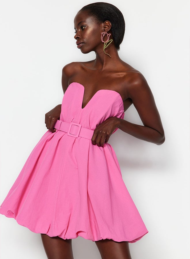 trendyol Pink A-Cut Balloon Skirt Belt Detailed Woven Poplin Short Elegant Evening Dress  - Image 3