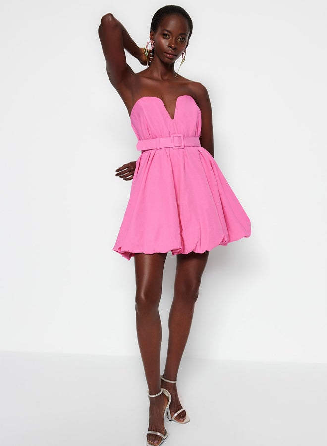 trendyol Pink A-Cut Balloon Skirt Belt Detailed Woven Poplin Short Elegant Evening Dress  - Image 2