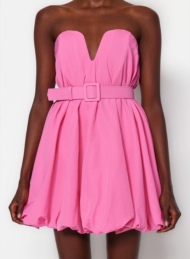trendyol Pink A-Cut Balloon Skirt Belt Detailed Woven Poplin Short Elegant Evening Dress  - Image 4