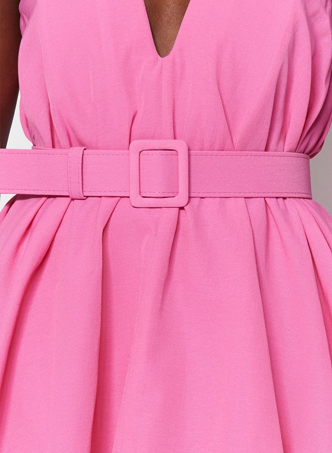 trendyol Pink A-Cut Balloon Skirt Belt Detailed Woven Poplin Short Elegant Evening Dress  - Image 5