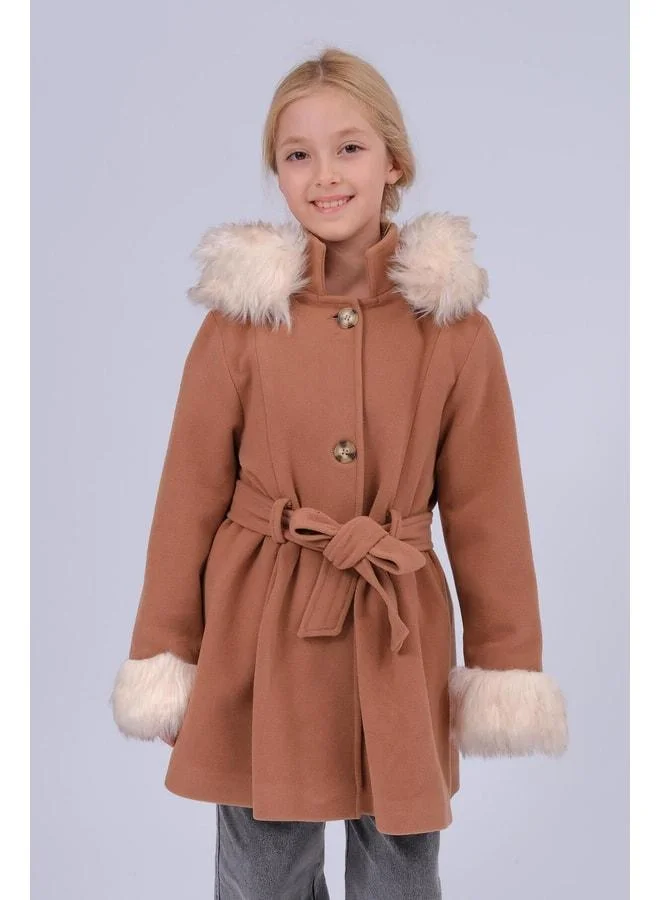 Perendi Girl's Fur-Detail Hooded Belted Tweed Coat – Brown.