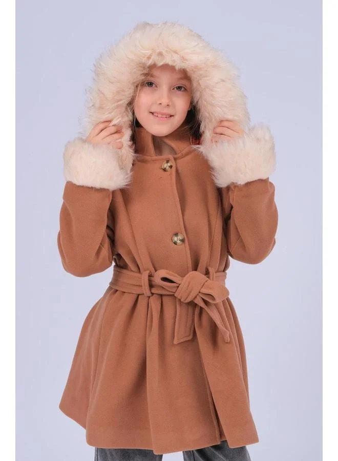 Perendi Girl's Fur-Detail Hooded Belted Tweed Coat – Brown.