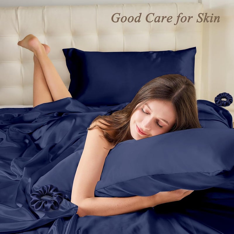 Vielit King Satin Pillowcase for Hair 2pc,Similar to Silk Pillow Cases,Easier Care Than Silk Pillowcase Gifts for Women Men,Navy,20x36 & Envelope Closure and 2 Satin Scrunchies - Image 2