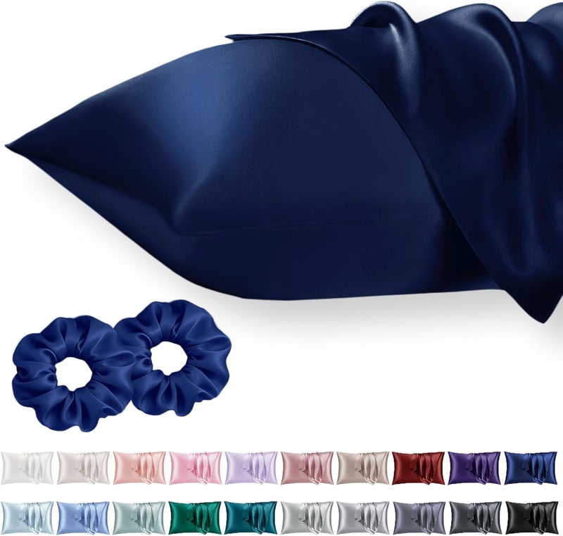 Vielit King Satin Pillowcase for Hair 2pc,Similar to Silk Pillow Cases,Easier Care Than Silk Pillowcase Gifts for Women Men,Navy,20x36 & Envelope Closure and 2 Satin Scrunchies - Image 1