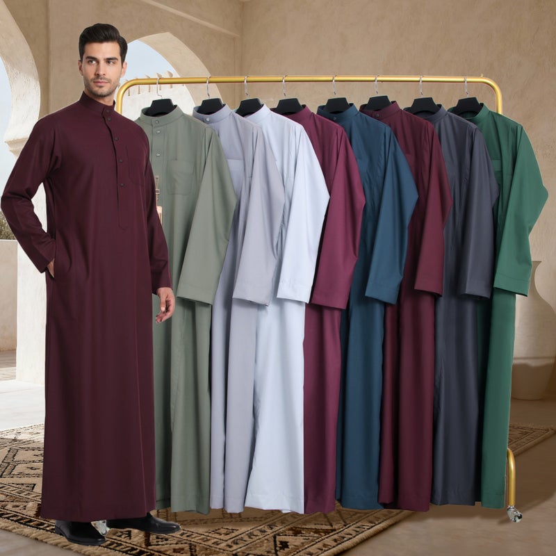 FN63-A New Men's Mandarin Collar Traditional Thobe Robe with Metal Buttons - Image 2