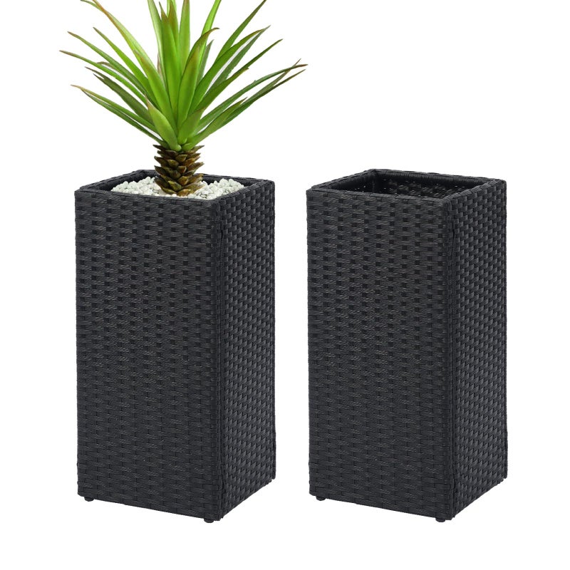 LEWIS&WAYNE Set of 2 Tall Planters for Outdoor Plants Handmade 24'' Wicker Tall Square Planter Box with Removable Liners Modern Planter for Indoor Outdoor Garden Patio Front Porch - Black - Image 1