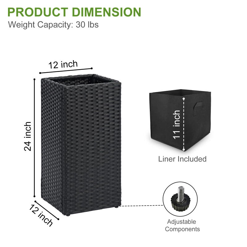 LEWIS&WAYNE Set of 2 Tall Planters for Outdoor Plants Handmade 24'' Wicker Tall Square Planter Box with Removable Liners Modern Planter for Indoor Outdoor Garden Patio Front Porch - Black - Image 3
