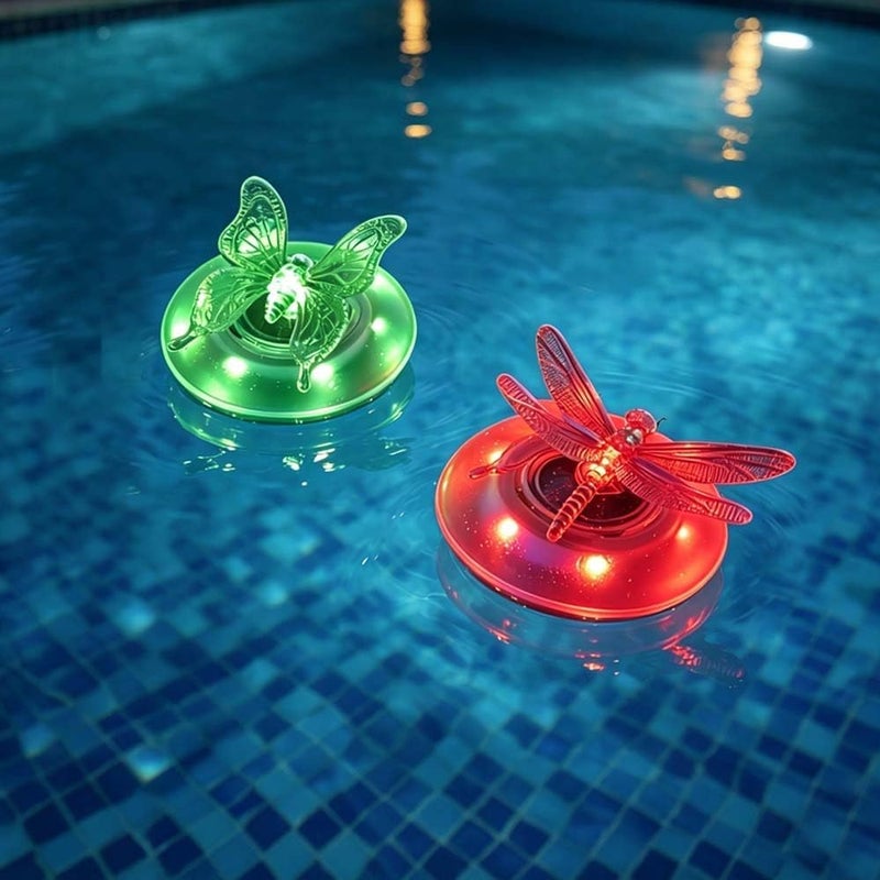 2 Pack Solar Floating Pool Lights, Butterfly and Dragonfly RGB Waterproof - Image 1