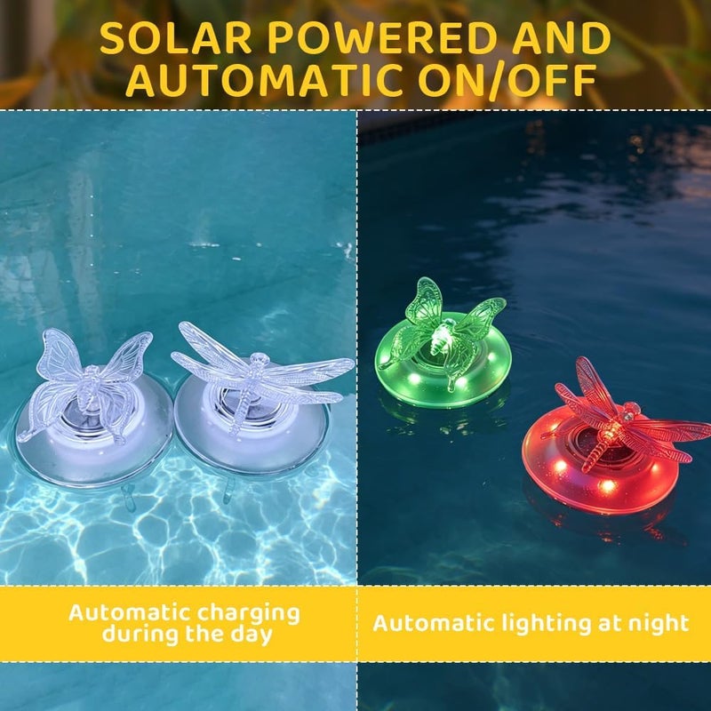 2 Pack Solar Floating Pool Lights, Butterfly and Dragonfly RGB Waterproof - Image 3