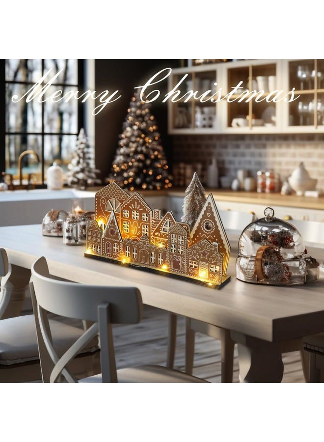 Rossesay Christmas Gingerbread House Tabletop Decorations with Light Wooden Christmas Village Centerpieces Gingerbread Xmas Decor for Table Farmhouse Rustic Xmas Decoration with Base - Image 5