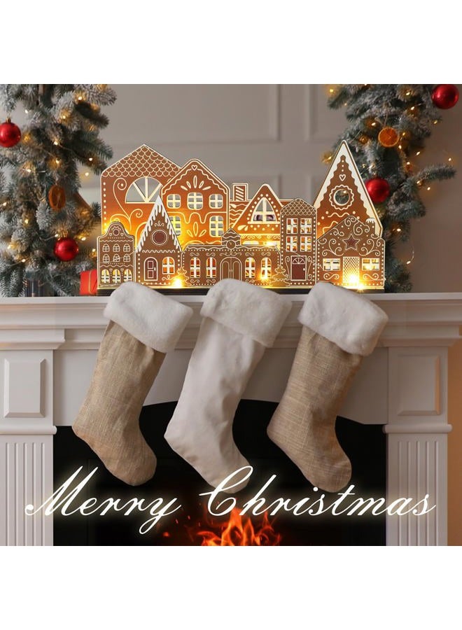 Rossesay Christmas Gingerbread House Tabletop Decorations with Light Wooden Christmas Village Centerpieces Gingerbread Xmas Decor for Table Farmhouse Rustic Xmas Decoration with Base - Image 4