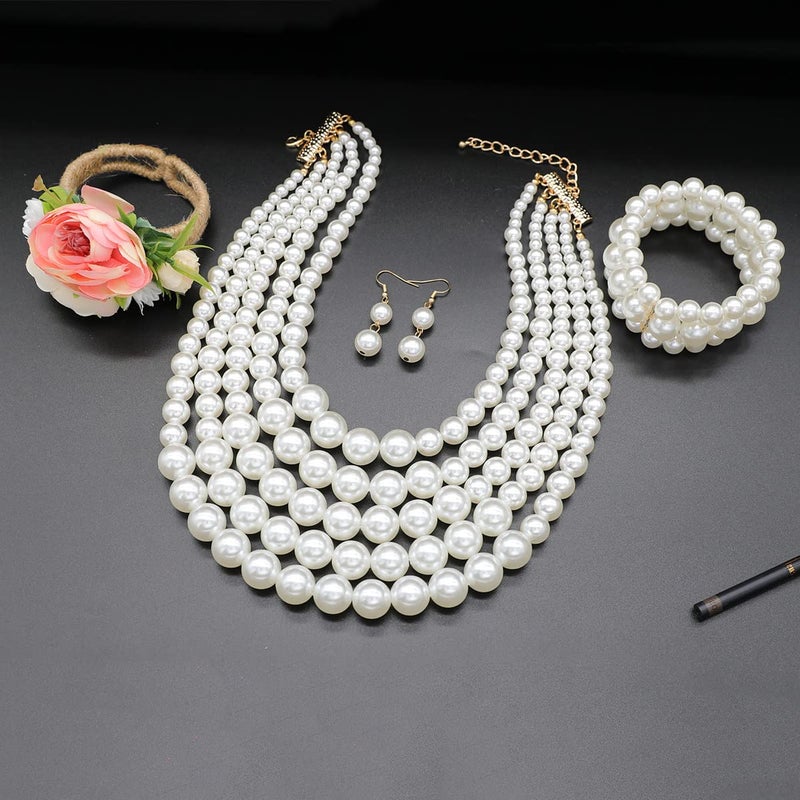 We We Chunky Faux Layered Pearl Necklace for Women Multi Strand Pearls Necklaces Bracelet Earrings 1920s Costume Jewelry Set (White pearl necklace earrings set) - Image 4