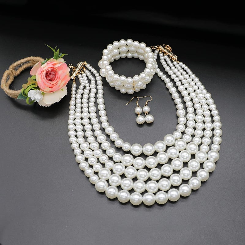We We Chunky Faux Layered Pearl Necklace for Women Multi Strand Pearls Necklaces Bracelet Earrings 1920s Costume Jewelry Set (White pearl necklace earrings set) - Image 5