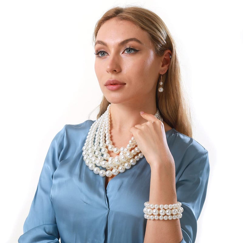 We We Chunky Faux Layered Pearl Necklace for Women Multi Strand Pearls Necklaces Bracelet Earrings 1920s Costume Jewelry Set (White pearl necklace earrings set) - Image 2