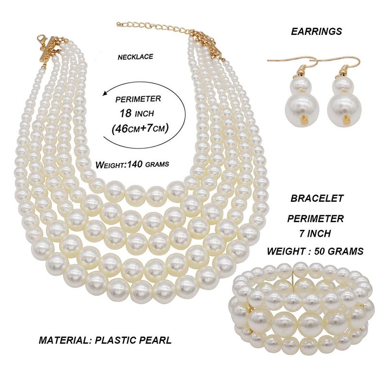 We We Chunky Faux Layered Pearl Necklace for Women Multi Strand Pearls Necklaces Bracelet Earrings 1920s Costume Jewelry Set (White pearl necklace earrings set) - Image 3