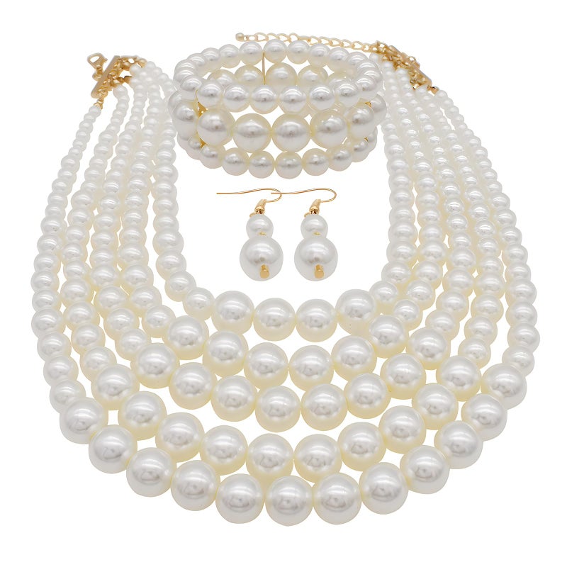 We We Chunky Faux Layered Pearl Necklace for Women Multi Strand Pearls Necklaces Bracelet Earrings 1920s Costume Jewelry Set (White pearl necklace earrings set) - Image 1