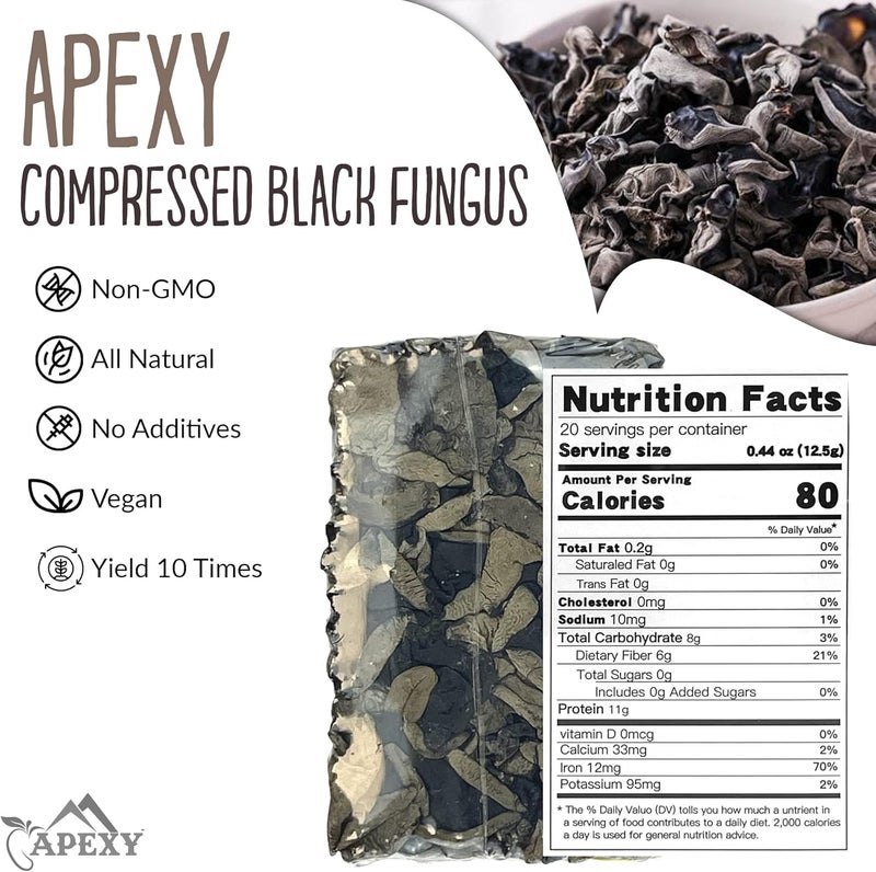 Apexy Premium All Natural Compressed Dried Black Fungus (Wood Ear Mushroom) - 8.8 Oz - Non-GMO, Gluten-Free, 10 Times Volume Yield After Soaking - Image 2