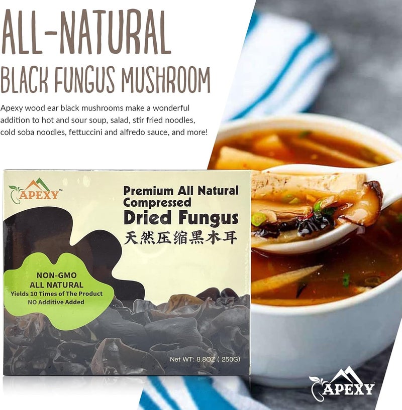 Apexy Premium All Natural Compressed Dried Black Fungus (Wood Ear Mushroom) - 8.8 Oz - Non-GMO, Gluten-Free, 10 Times Volume Yield After Soaking - Image 4